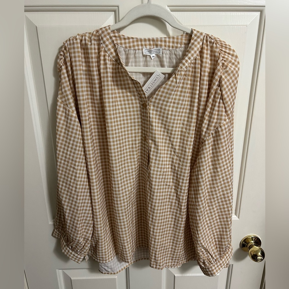 2/$28 Sweet Salt Modest Tan Gingham Button Top Size XXL NWT